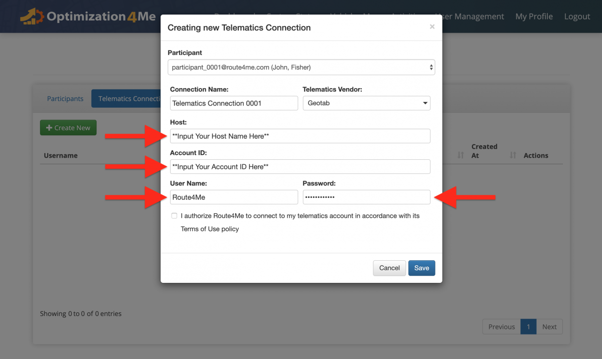 Create a New Telematics Connection - Creating New Telematics Connections for the Participants Associated with Your OA Affiliate Account 