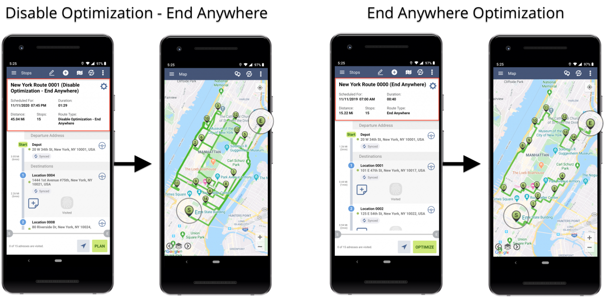 Android Disable Optimization (End Anywhere) - Planning Routes With Disabled Optimization (End Anywhere) Using Route4Me's Android Route Planner