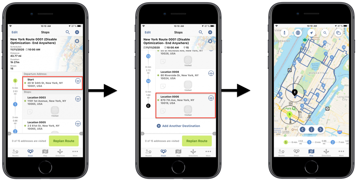 iOS Disable Optimization (End Anywhere) - Planning Routes With Disabled Optimization (End Anywhere) Using Route4Me's iPhone Route Planner