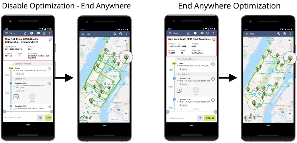 Android End Anywhere Optimization - Optimizing Routes With the End Anywhere Optimization Using Route4Me's Android Route Planner