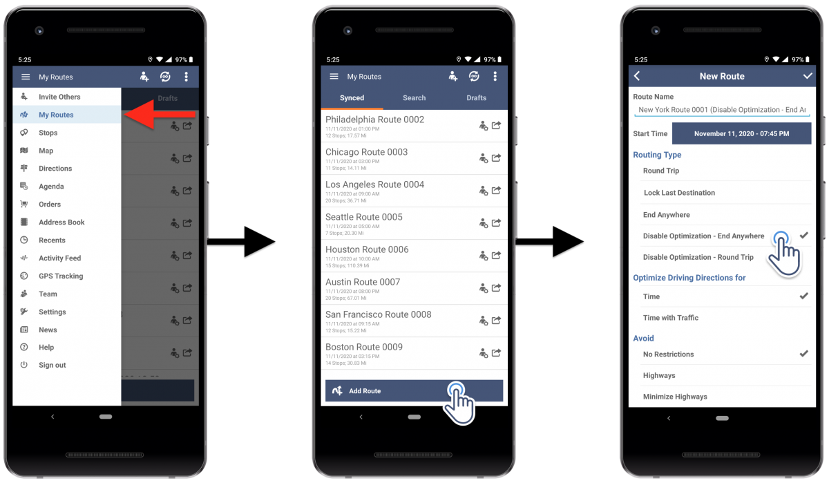 Android Disable Optimization (End Anywhere) - Planning Routes With Disabled Optimization (End Anywhere) Using Route4Me's Android Route Planner