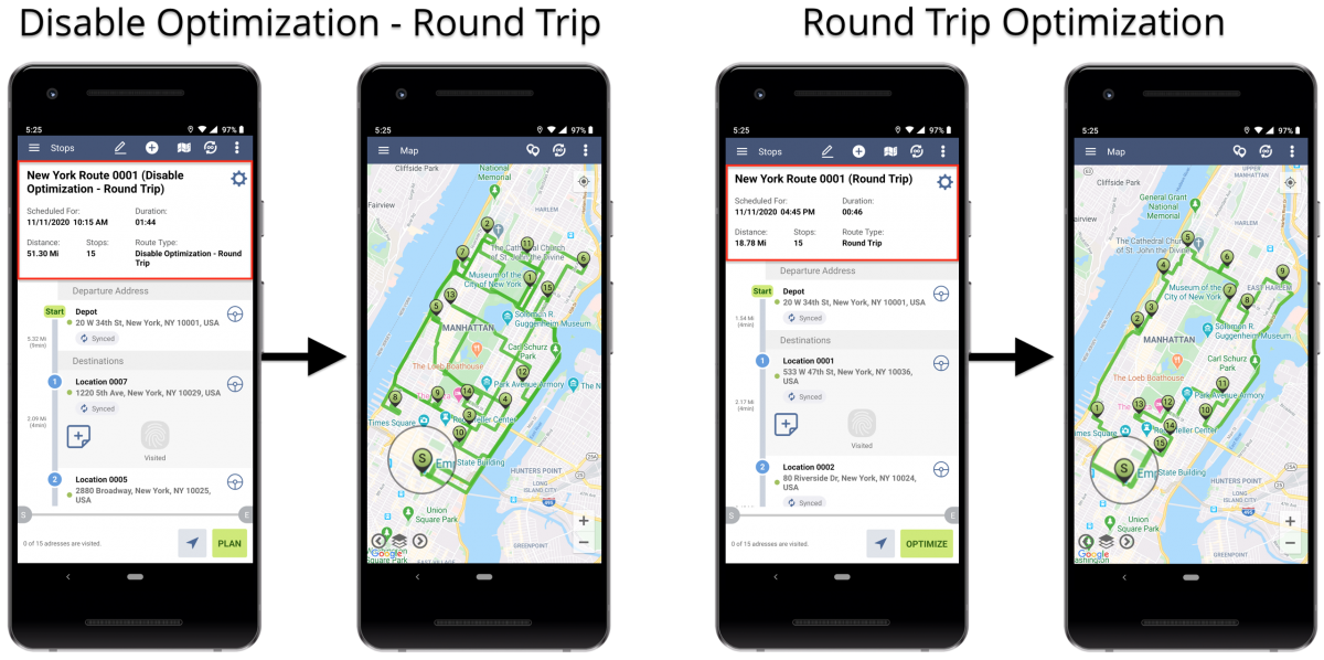 Android Disable Optimization (Roundtrip) - Planning Routes With Disabled Optimization (Roundtrip) Using Route4Me's Android Route Planner