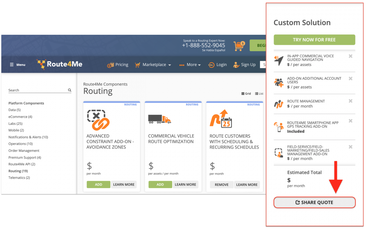 Share Quote - Sharing a Marketplace Package Quote from the Route4Me Web Platform