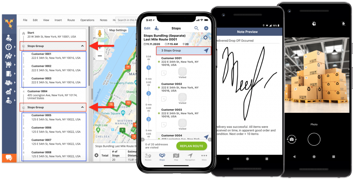 Add images and signatures to separate destinations in Stops Groups using Route4Me's mobile apps.