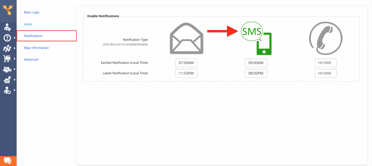 Make sure that SMS Messaging Notifications (Notification Type) are enabled (highlighted in green).