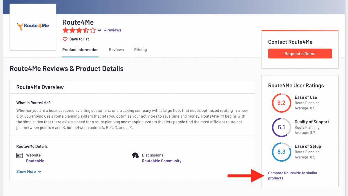 G2 allows you to compare Route4Me to similar products, CRMs, Route Planners, Routing Software, etc.