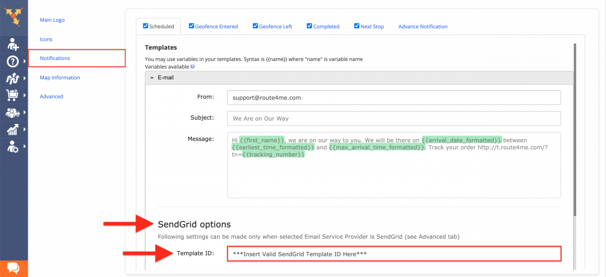 Make sure to use a valid SendGrid Template ID in the Email Notifications editor.