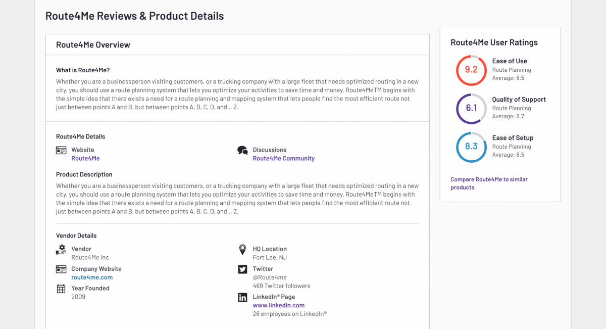 Learn about Route4Me on G2 in Route4Me Reviews & Product Details section of the G2 Route4Me profile.