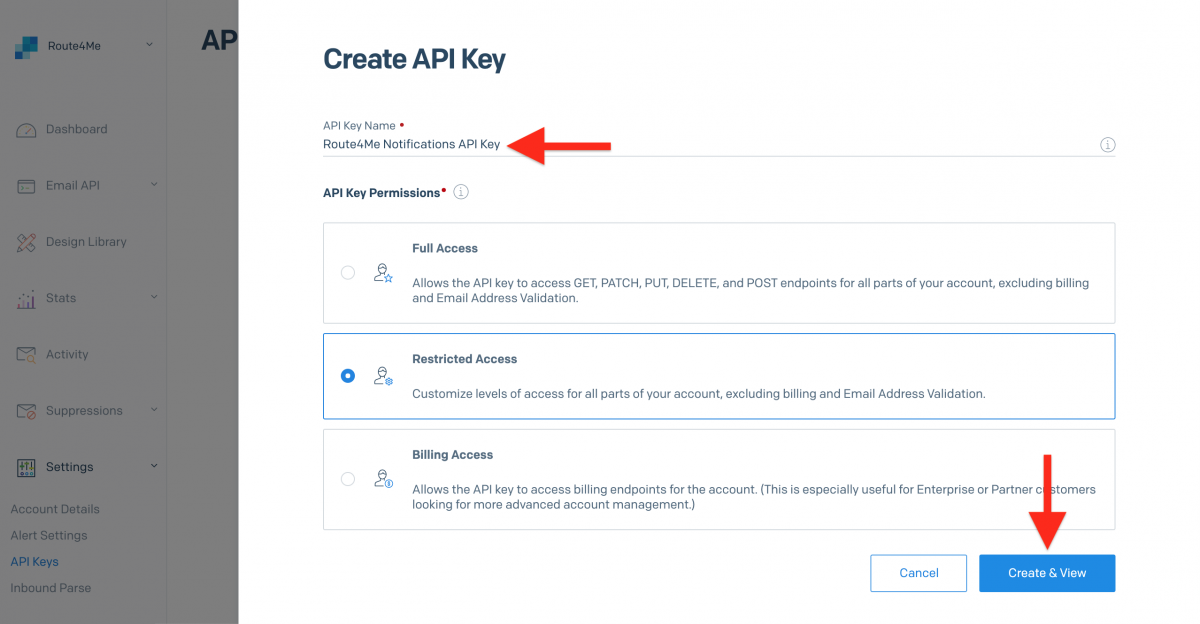 Create a new SendGrid API key with specific restrictions for your Route4Me Notifications Module.