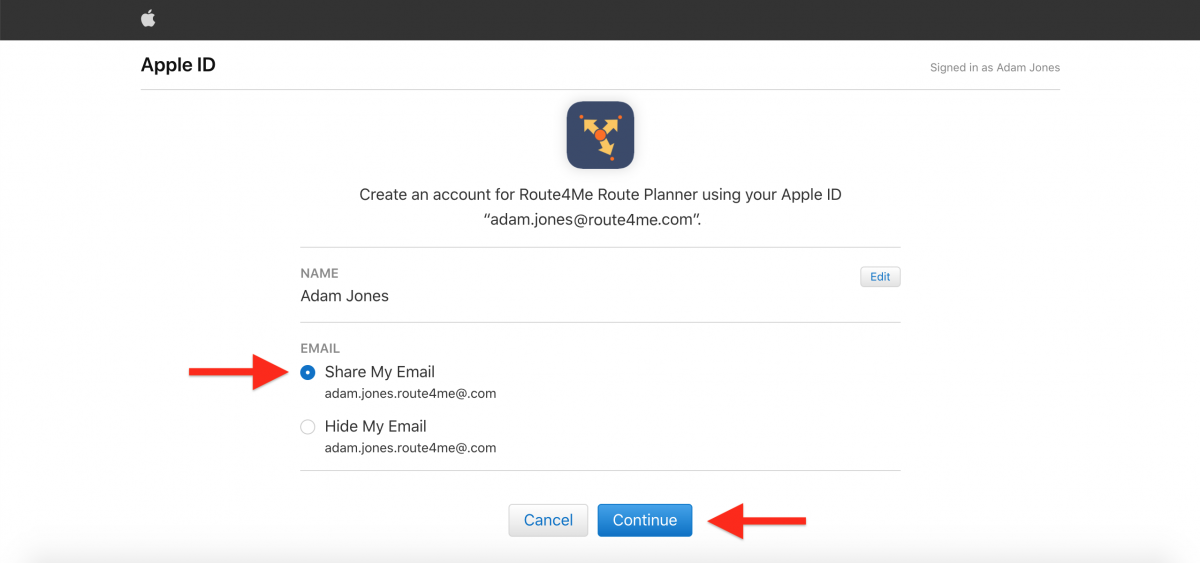Select whether you want to share your Apple ID email or hide your Apple ID email.