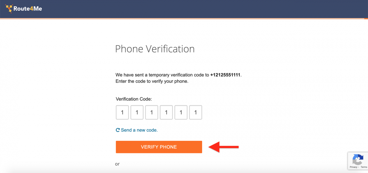 Use your phone number for Route4Me authentication and then use the received code.