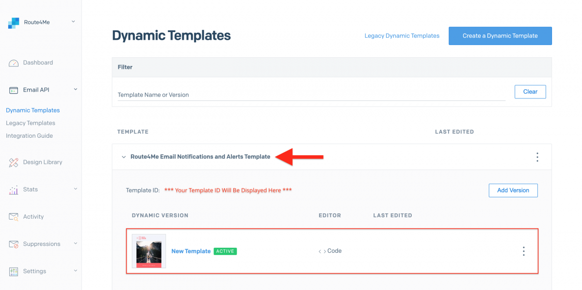 To manage the saved custom SendGrid email template, click on its version in the Templates List.
