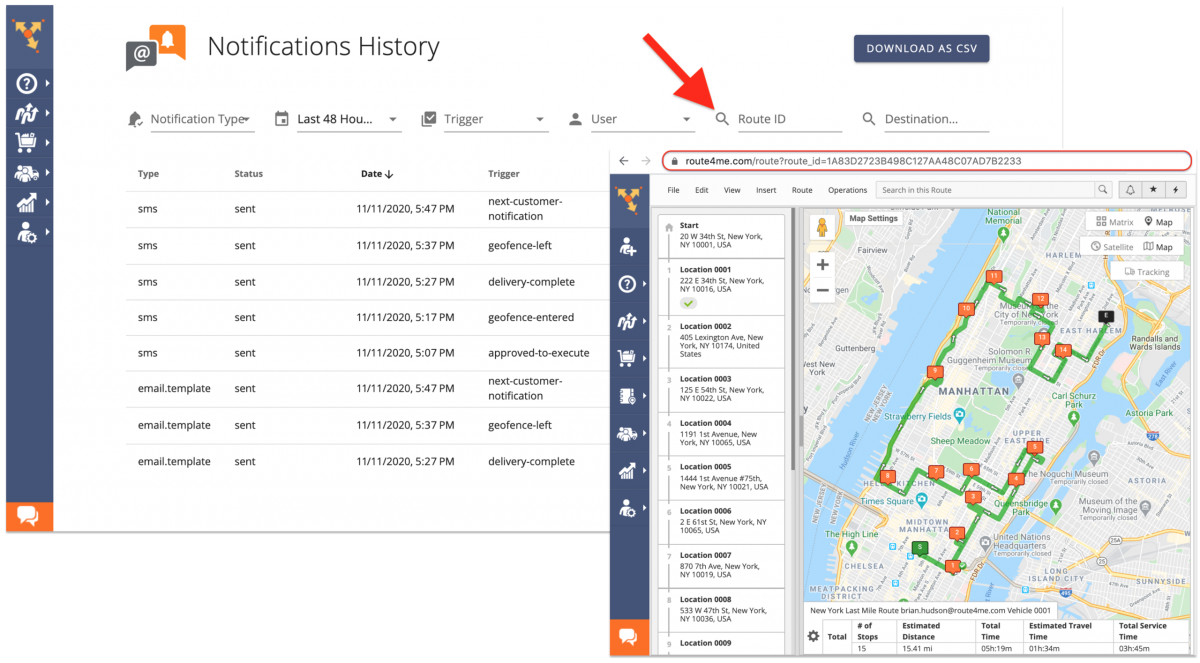 Route ID notifications filter allows you to filter notifications by the route they were sent from.