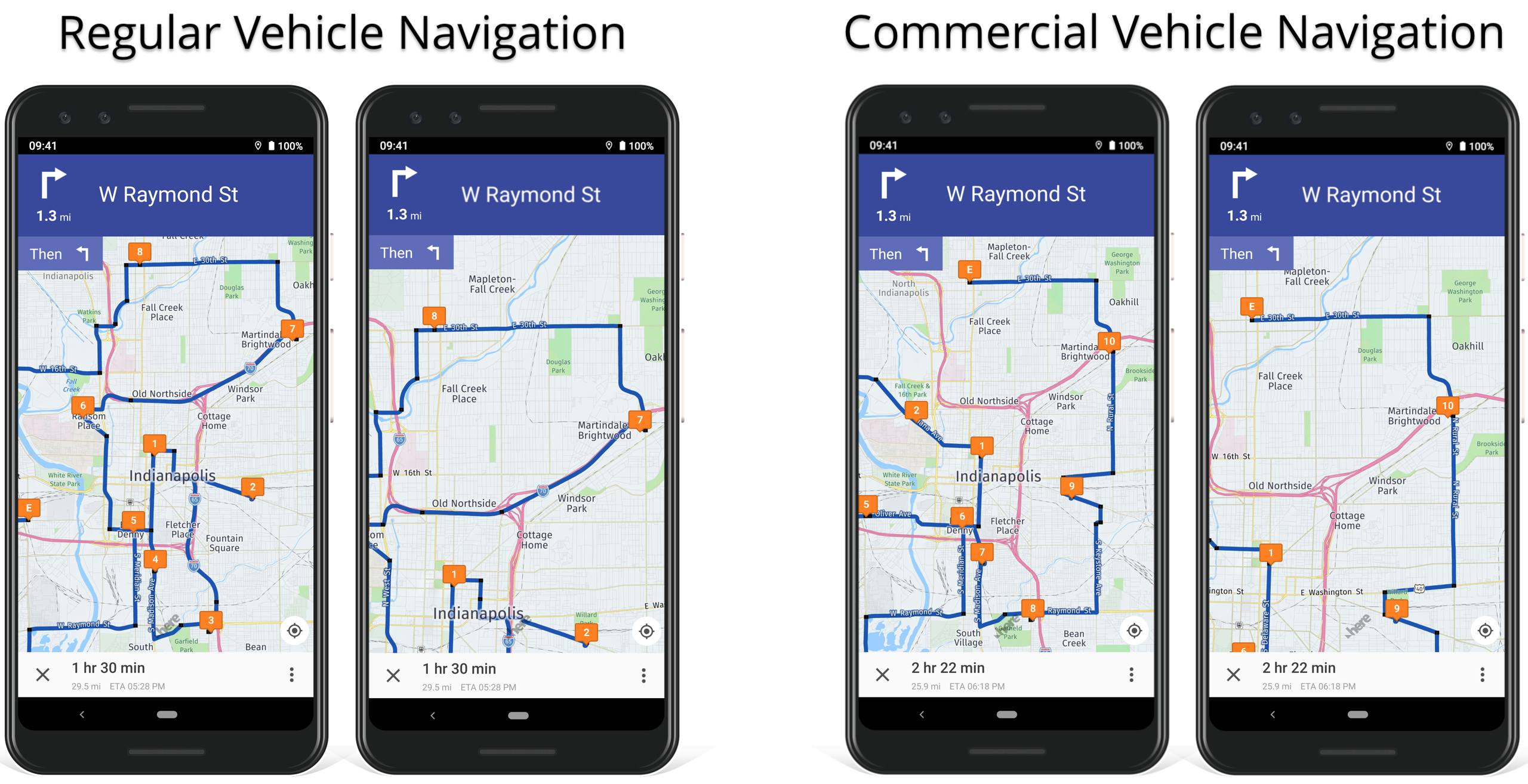 HAZMAT voice-guided navigation vs regular mobile navigation on Route4Me's Android Route Planner.