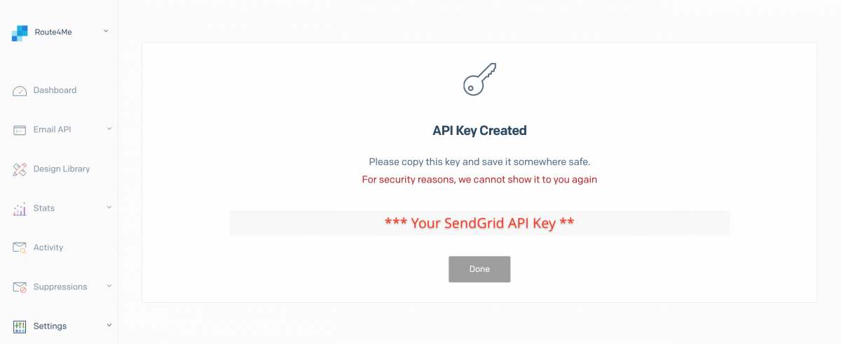 Use your copied SendGrid API key for your Route4Me Notifications Module.
