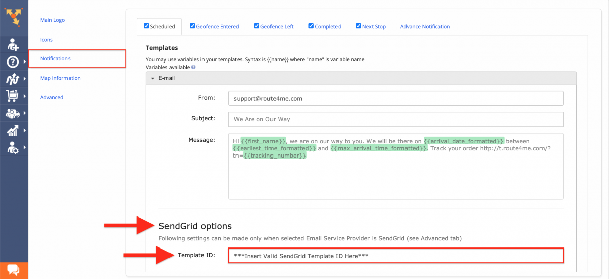 Use the preferred SendGrid Template ID to use it for sending your custom email Notifications.