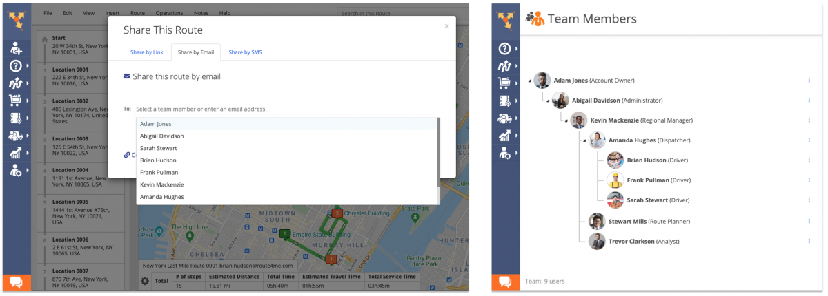You can share routes with one or multiple team members.