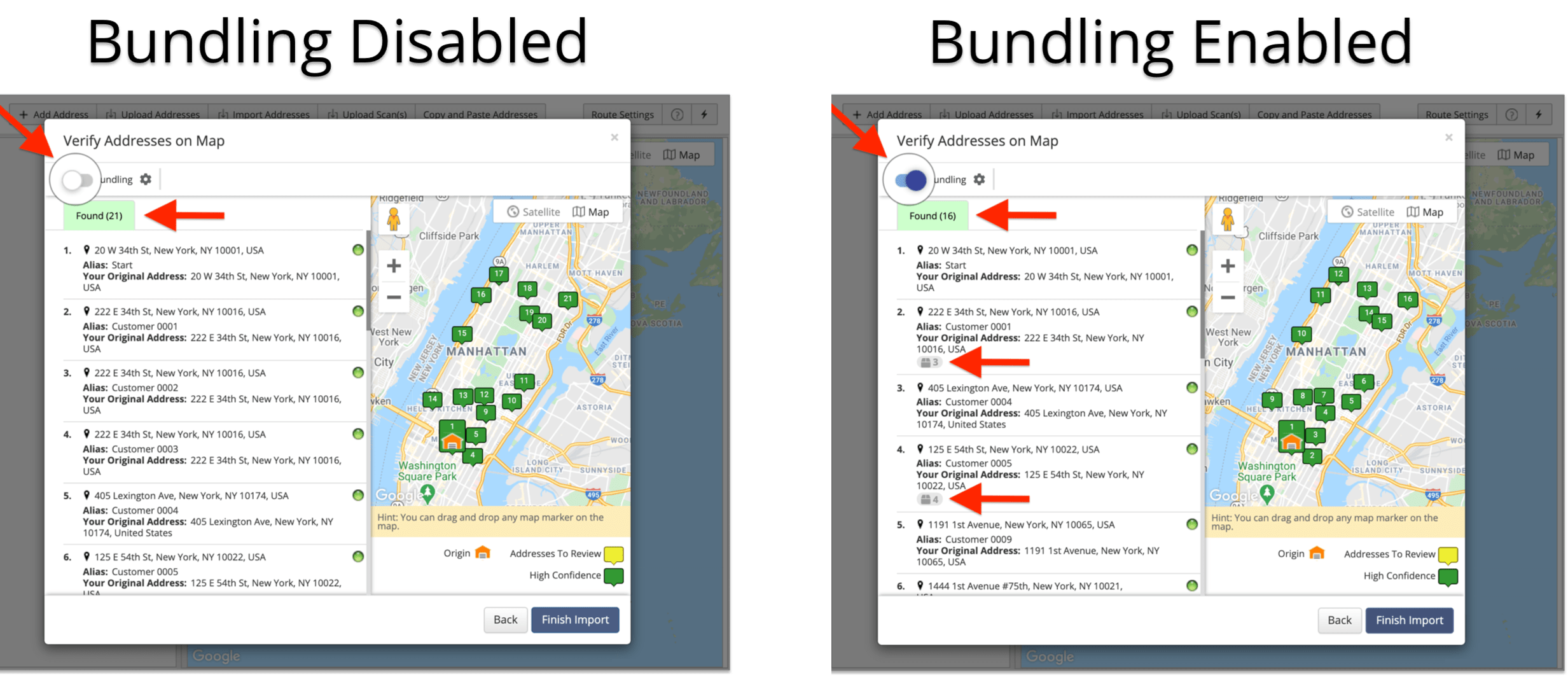Enable bundling and check what addresses will be bundled based on the applied bundling rules.