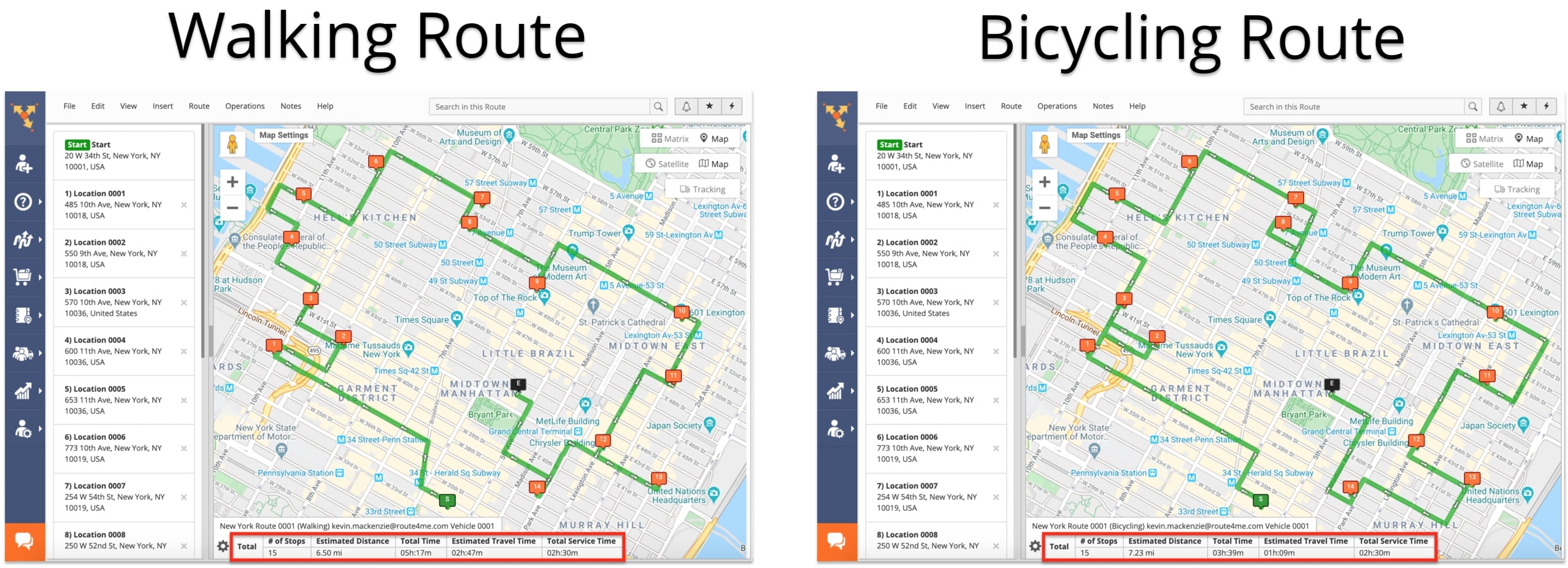 Planned routes with directions for walking and biking created with Route4Me's route optimization software.