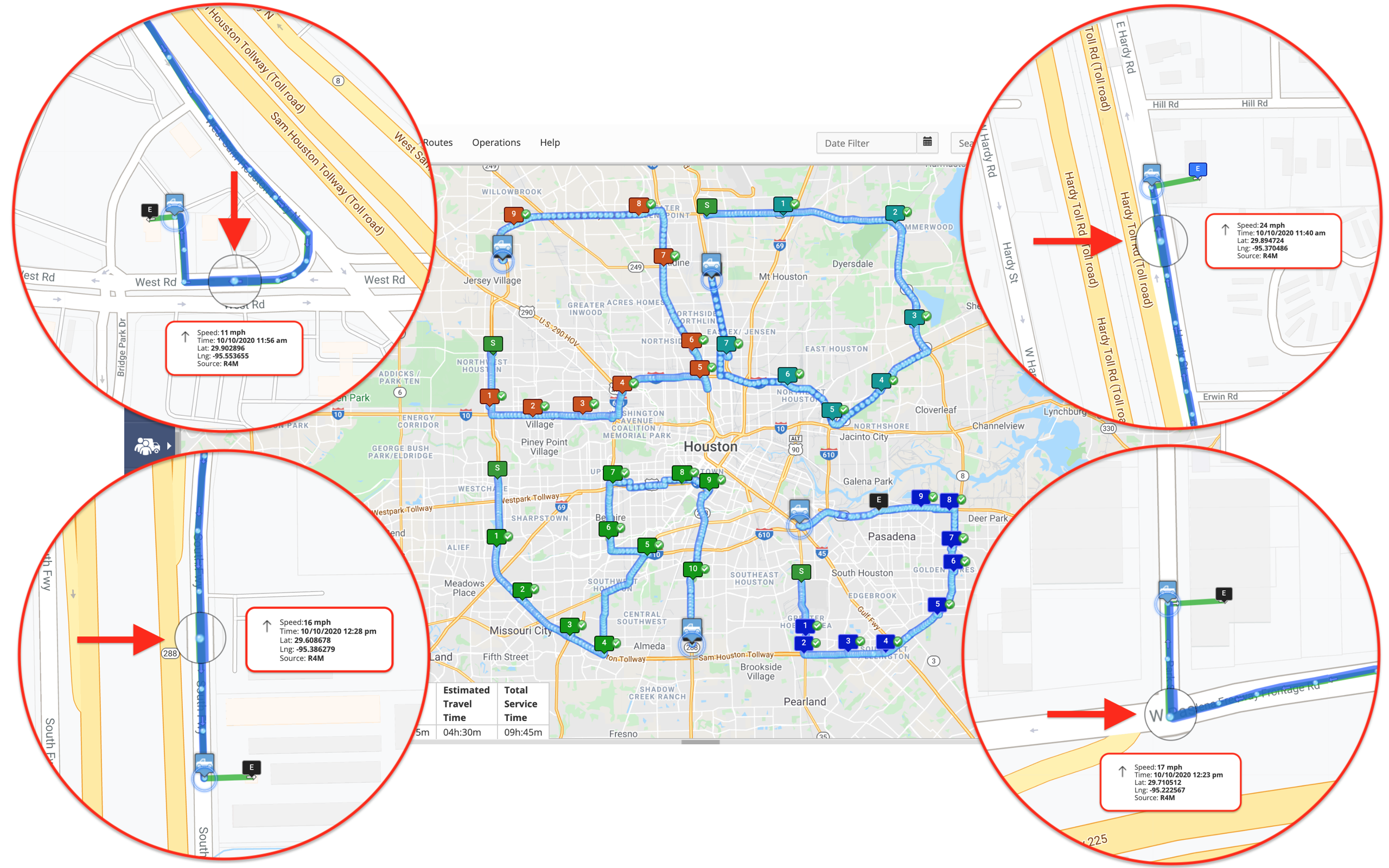 Driver tracking for multiple delivery drivers simultaneously on the same map using Route4Me's route planning software.