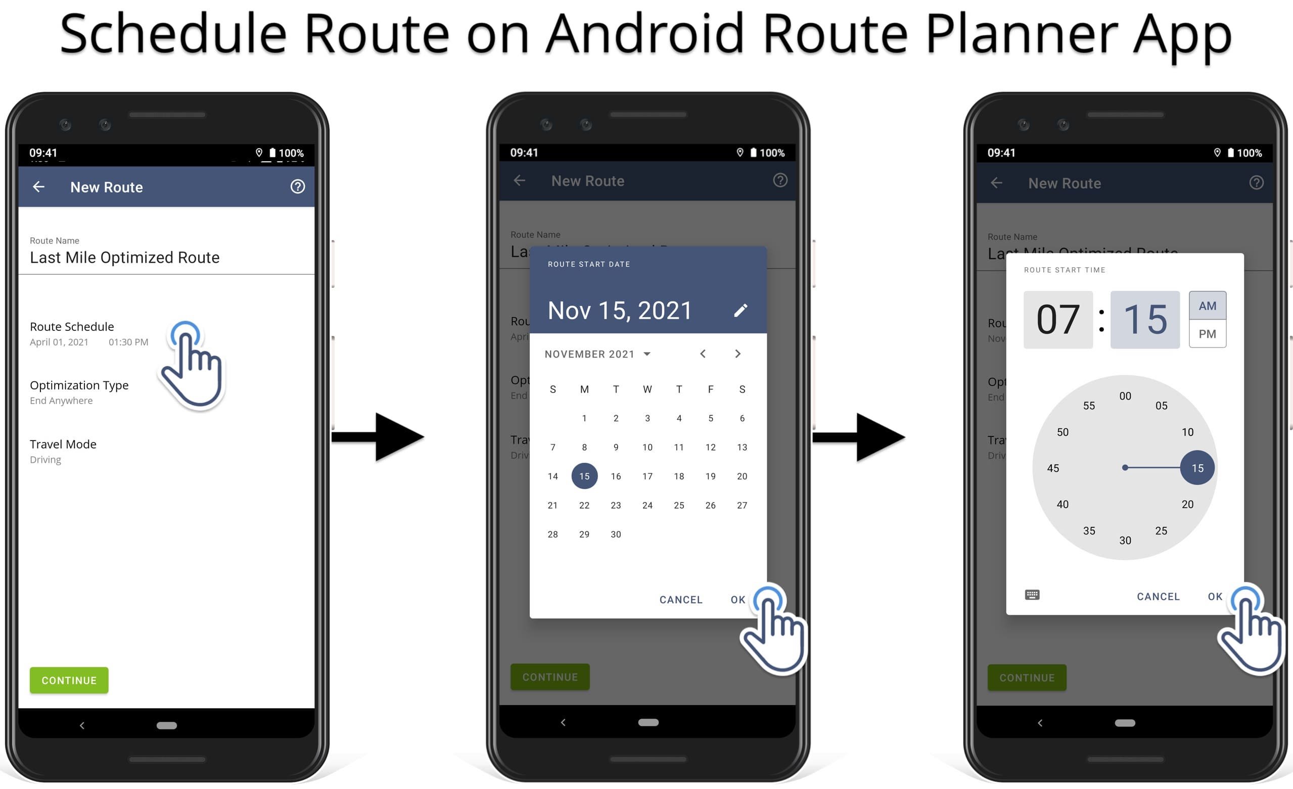 Setting up a daily route schedule on Route4Me's Android Route Planner app for delivery drivers.