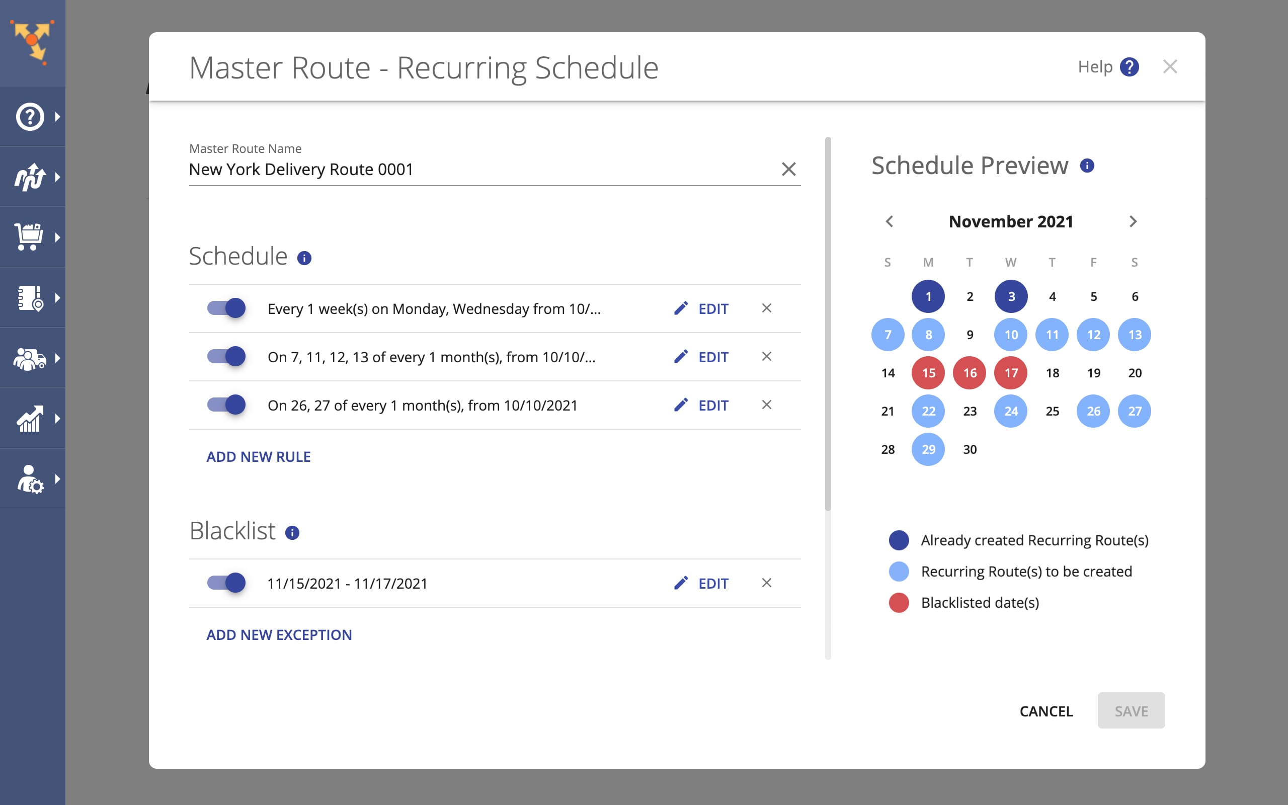 Recurring routes and deliveries scheduled for different days on Route4Me's routing calendar.