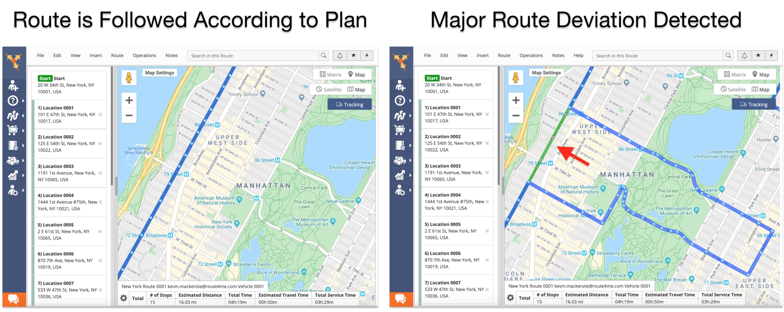Planned route vs alternative route on Route4Me's route optimization software.