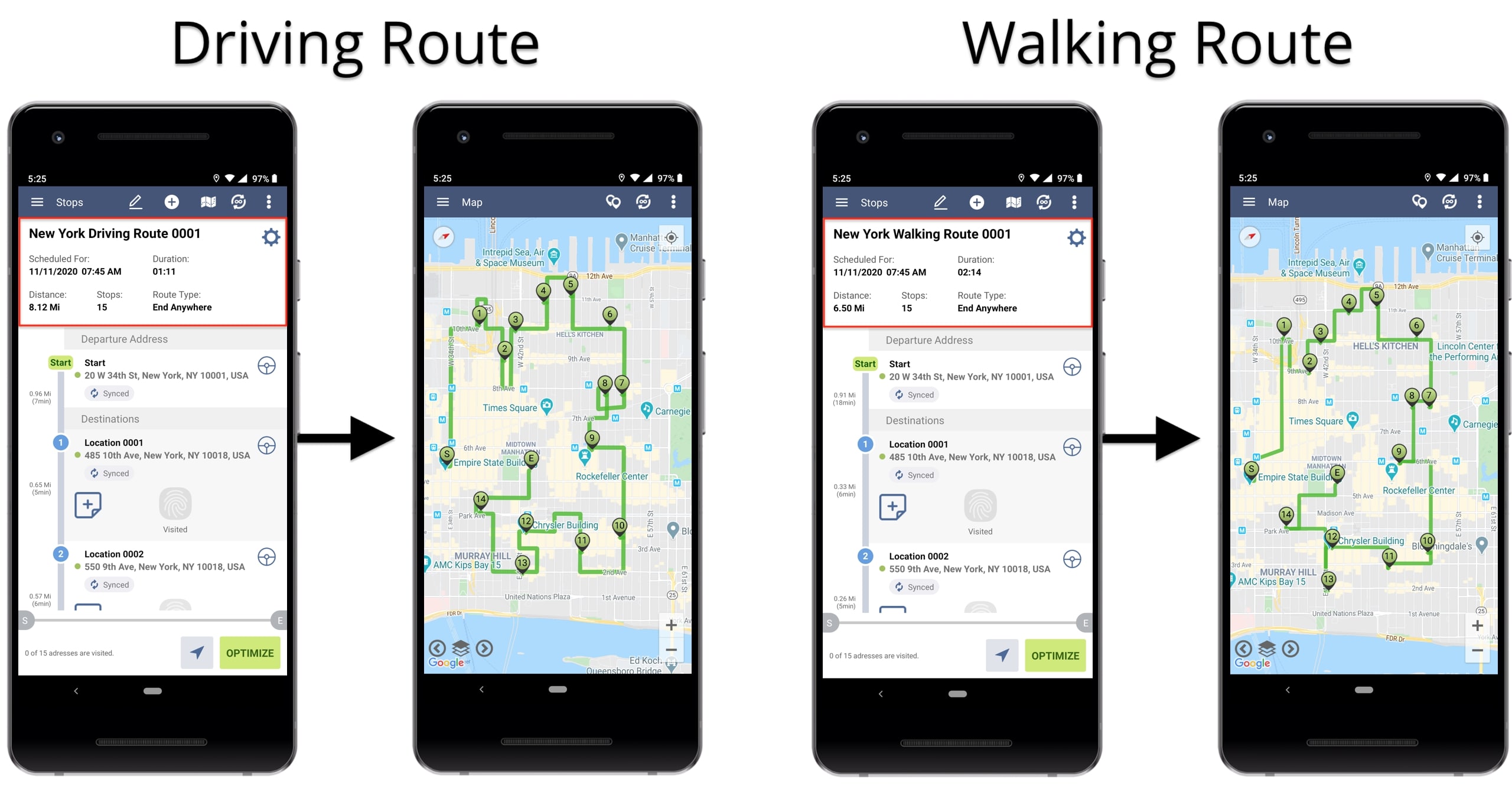 Side by side comparison of a driving route and a walking route on Route4Me's route planner app.