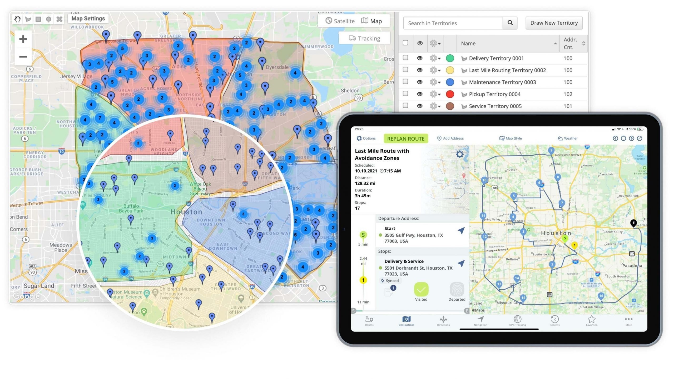 Route planning with address territories on an interactive map using Route4Me's route planner.