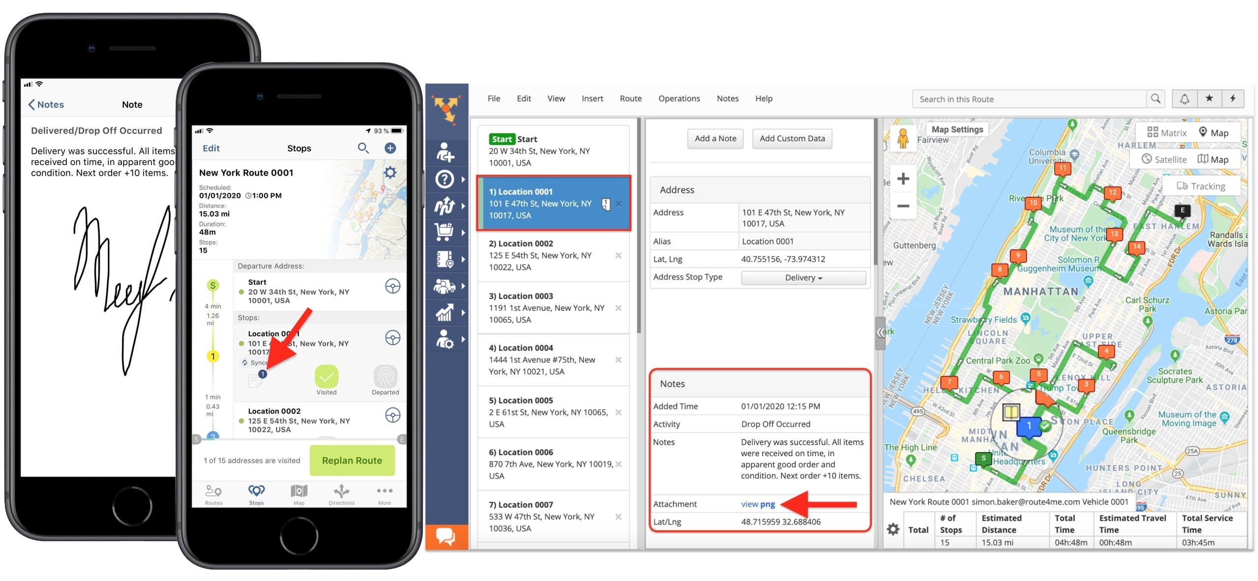 Geotagged proof of delivery data sync from Route4Me's Route Planner apps to the Route Optimization Platform.