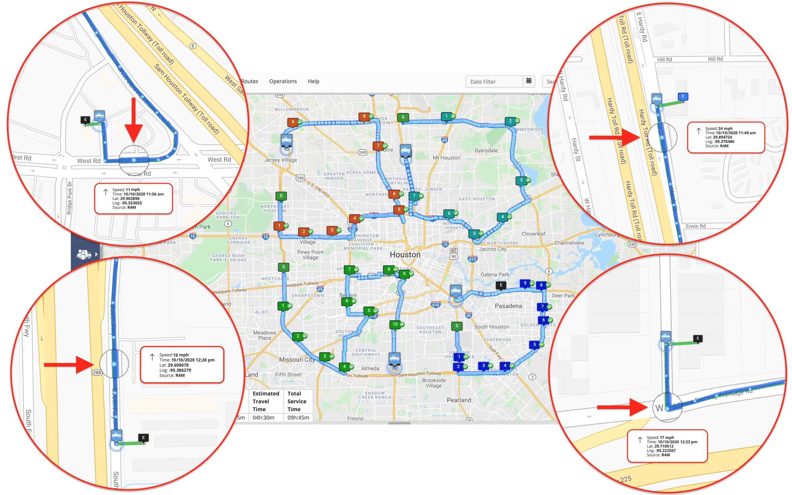 Route4Me tracking history for multiple drivers simultaneously on the same GPS tracking map.