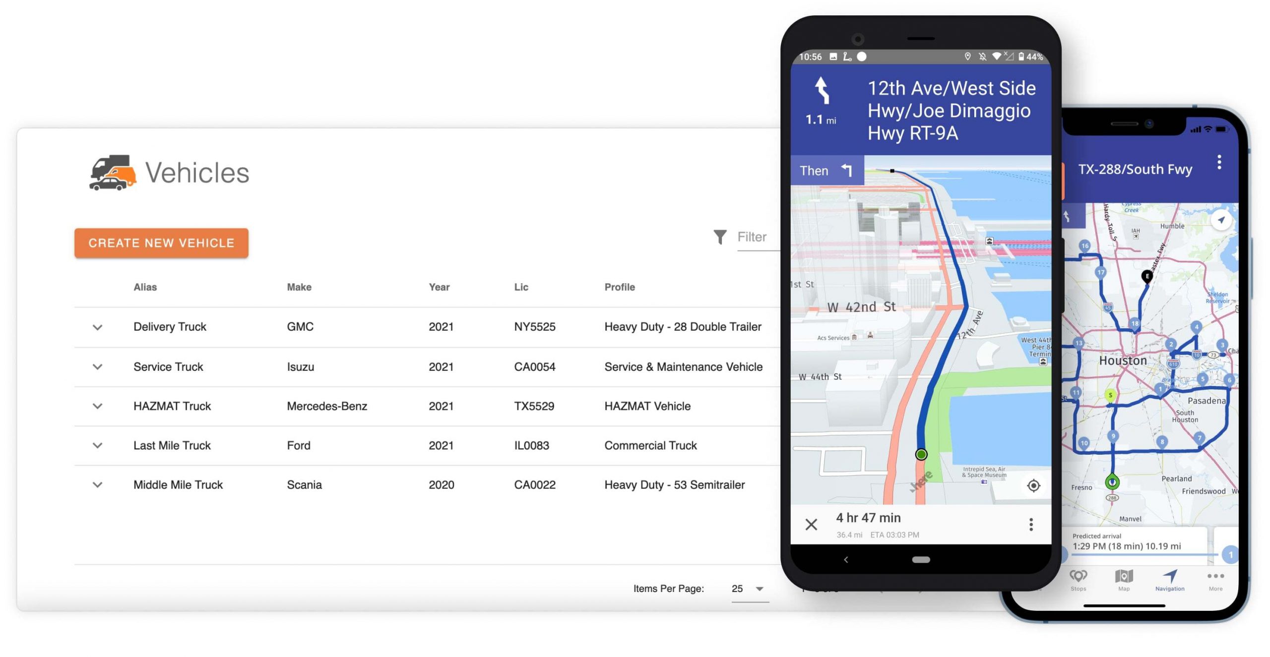 Commercial vehicle and truck profiles with vehicle capacity and other parameters on route planner.