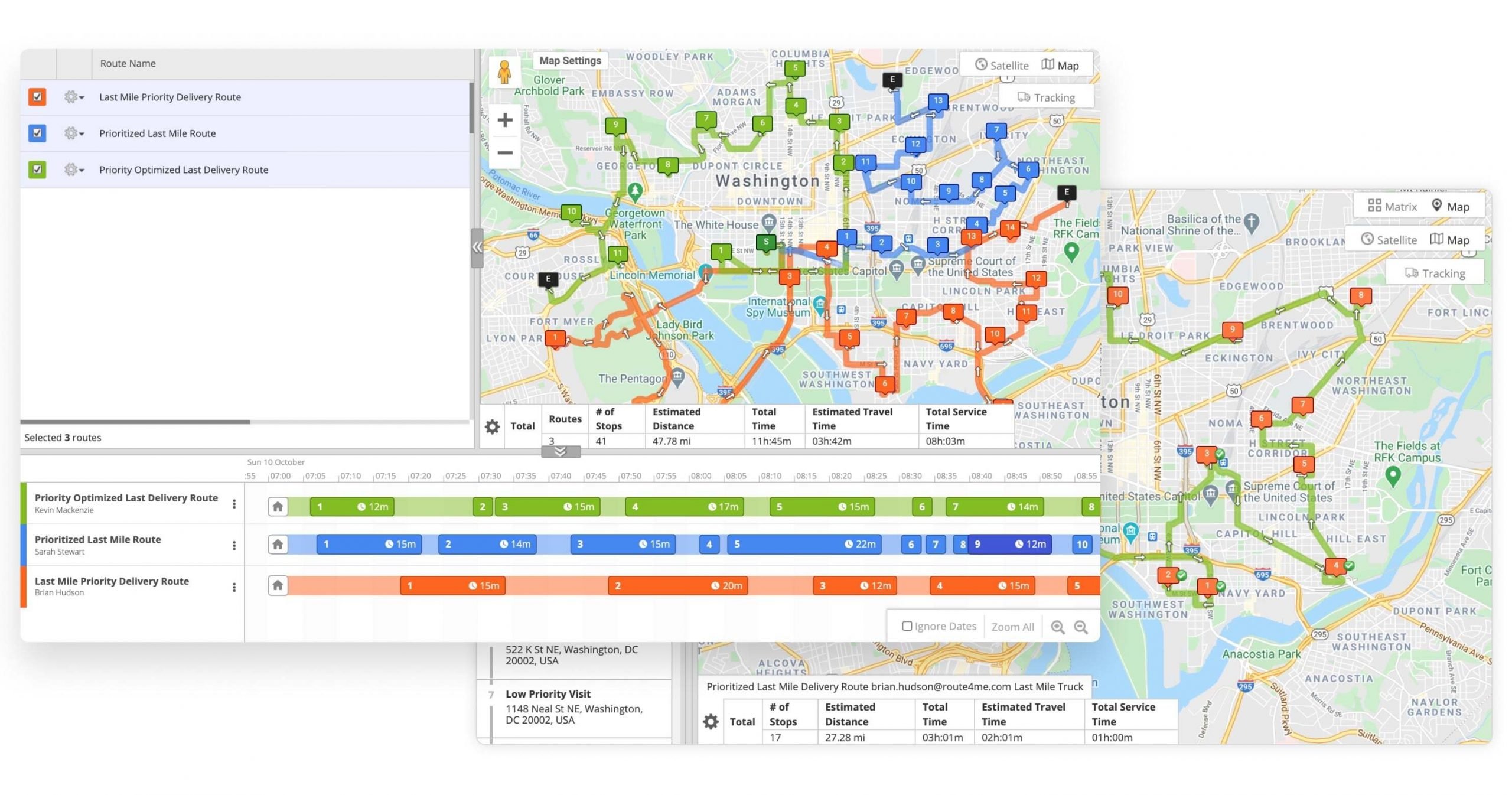 Multi driver route with multiple stops planned with Route4Me's route optimization constraints.