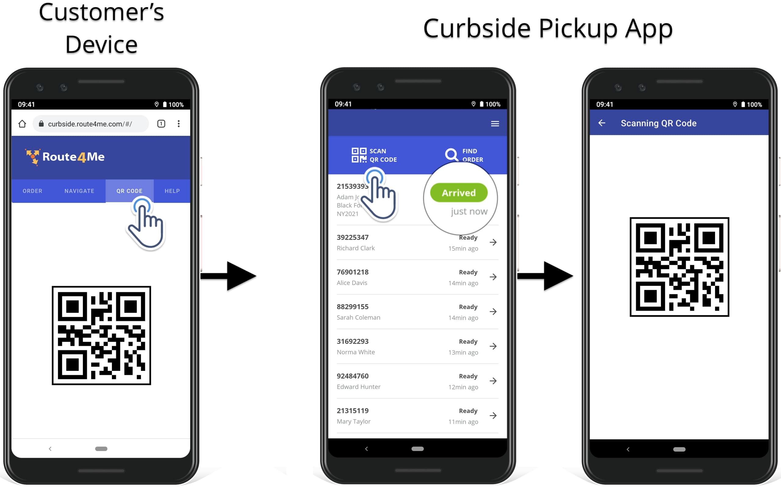Curbside pickup app with QR code scanner and curbside pickup order tracking portal for customers.