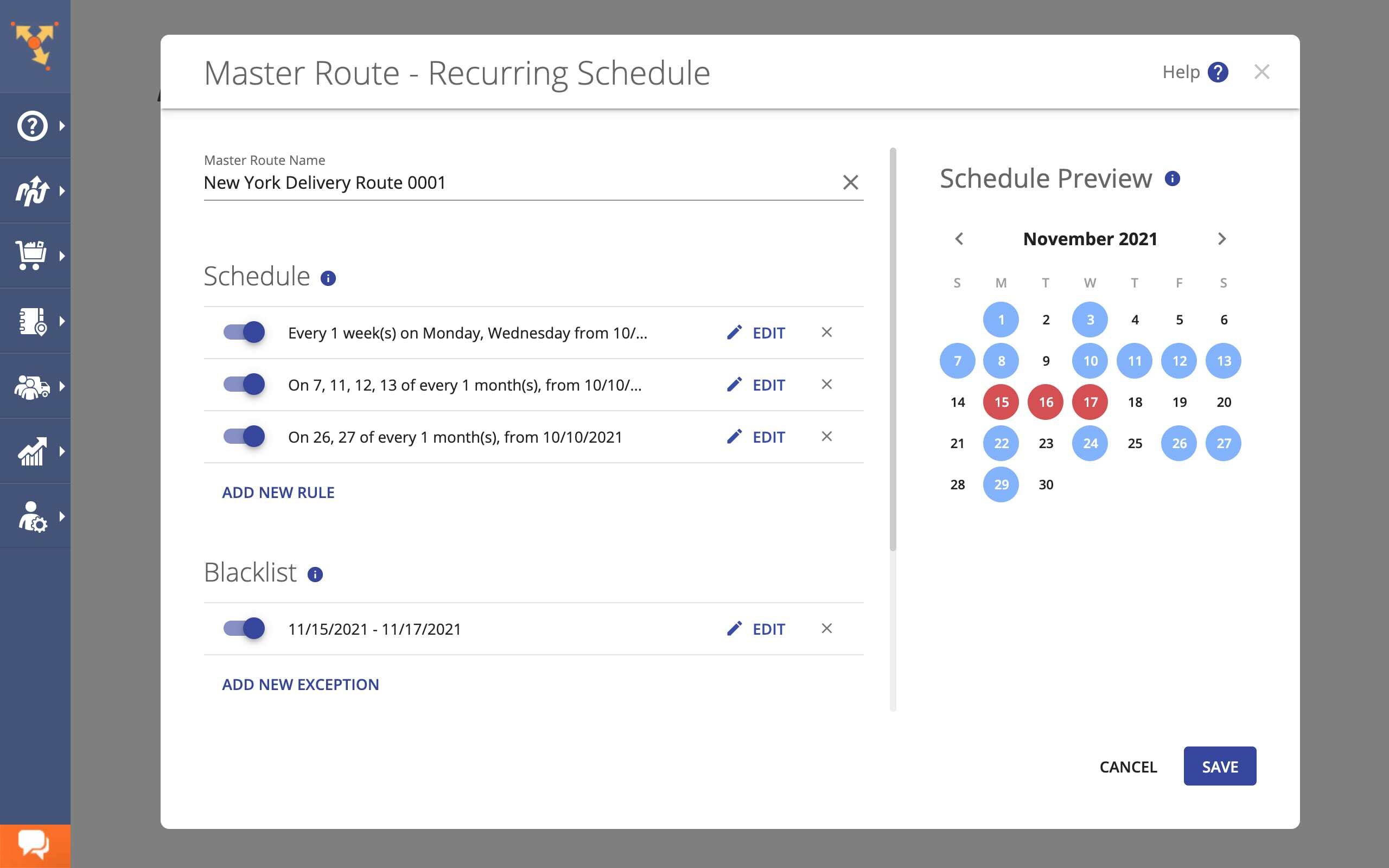 Recurring route schedules for repeat orders created with Route4Me's route scheduling tools.
