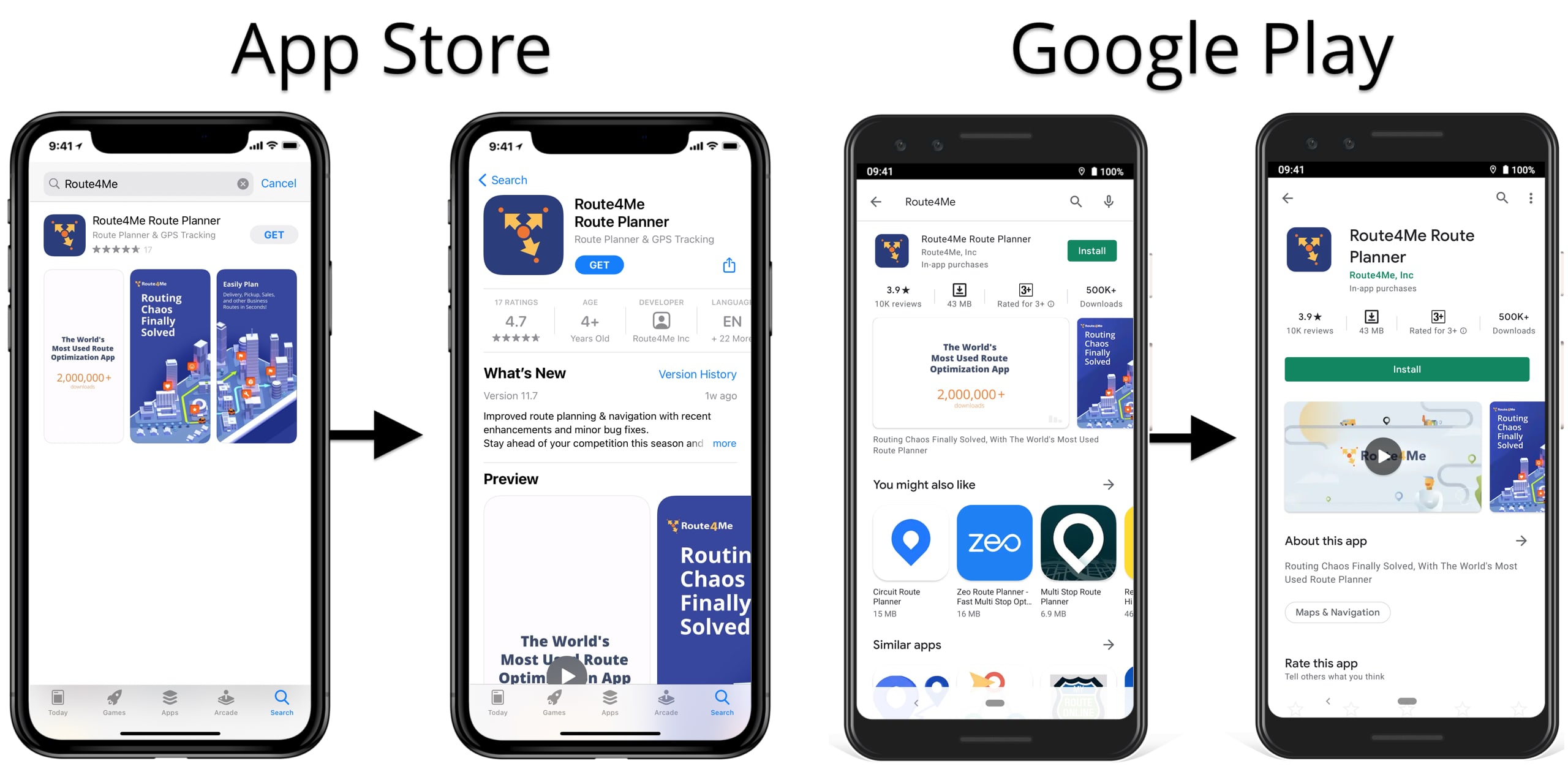 The Google Play and App Store download pages for Route4Me's iOS and Android Route Planner apps.