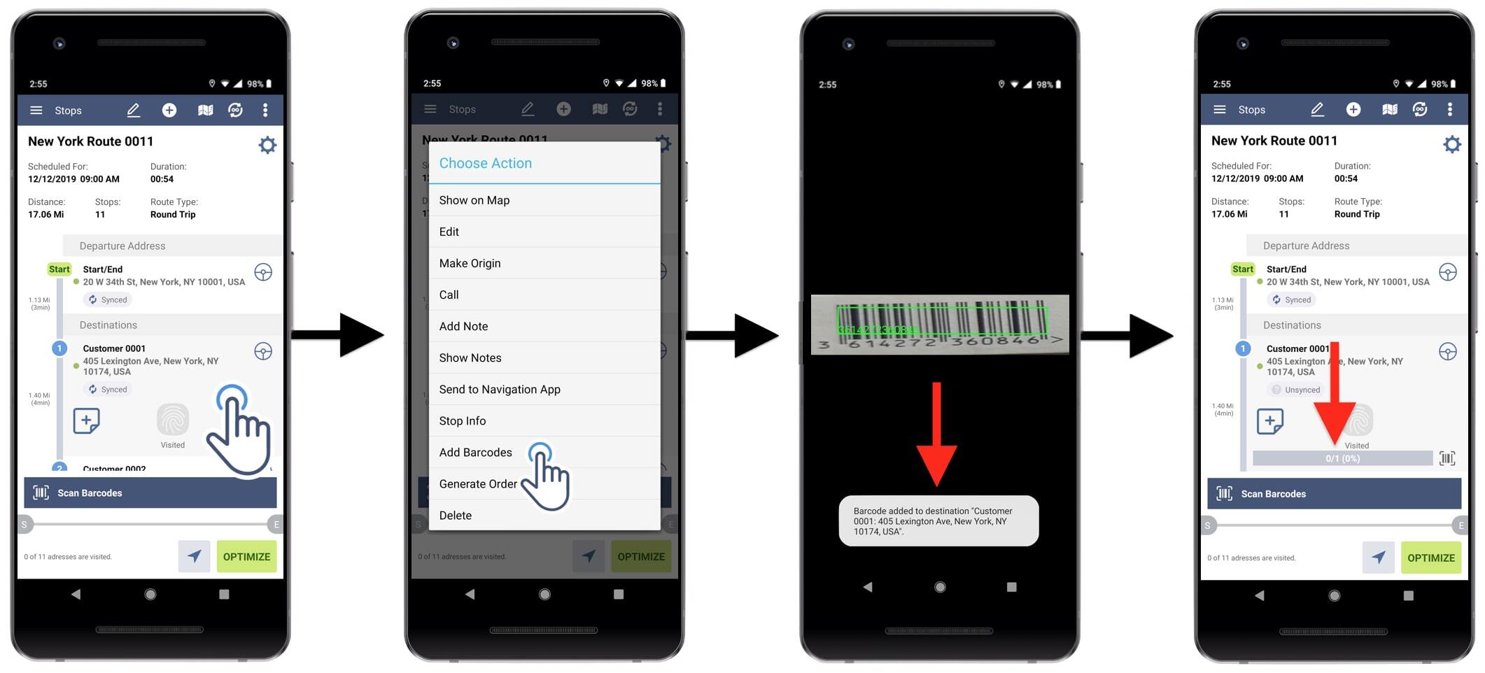 Using the barcode scanner integrated into Route4Me's route planning app.