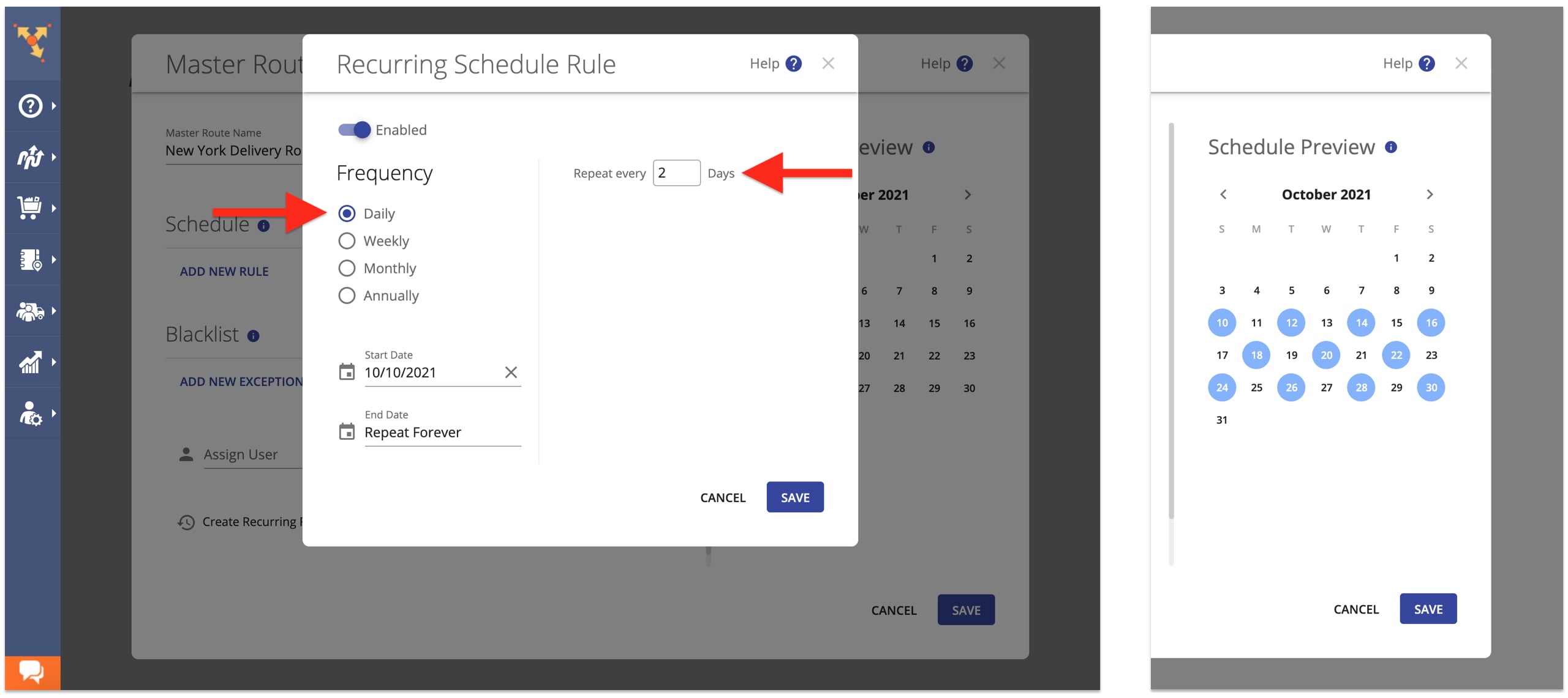 Daily route schedule planned with Route4Me's recurring routing feature displayed on the routing calendar.