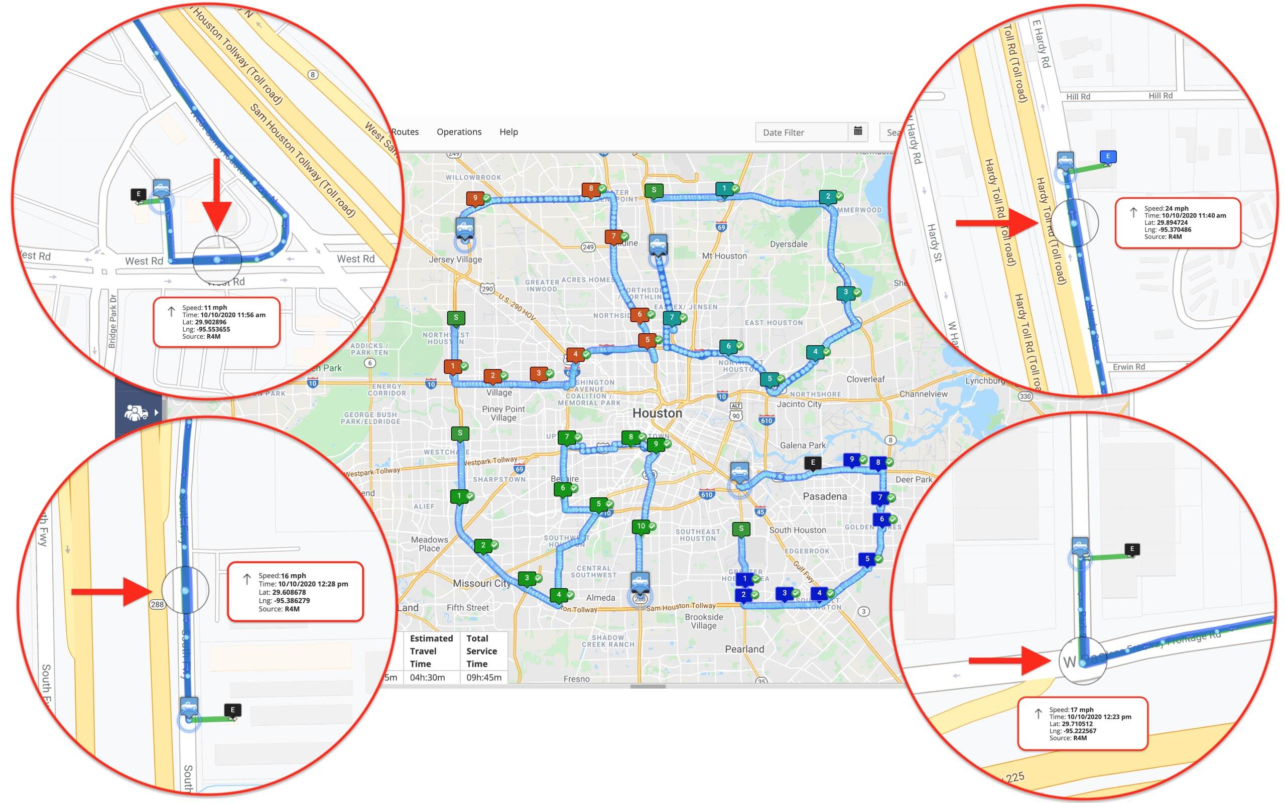 Delivery tracking for last-mile carriers with multiple drivers' real-time locations on the same map.
