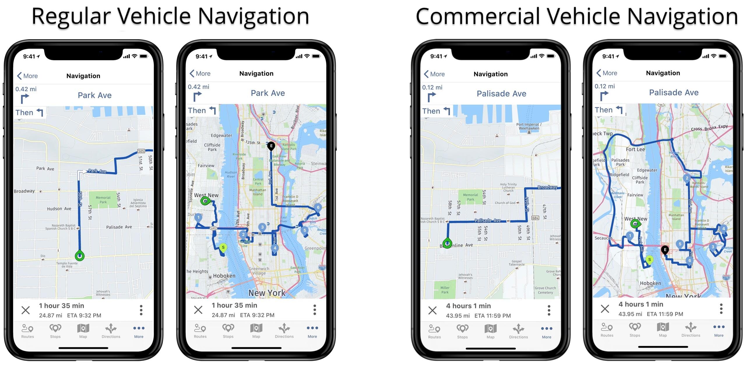 Navigating planned routes for regular vehicles vs navigating truck routes or commercial vehicle routes.