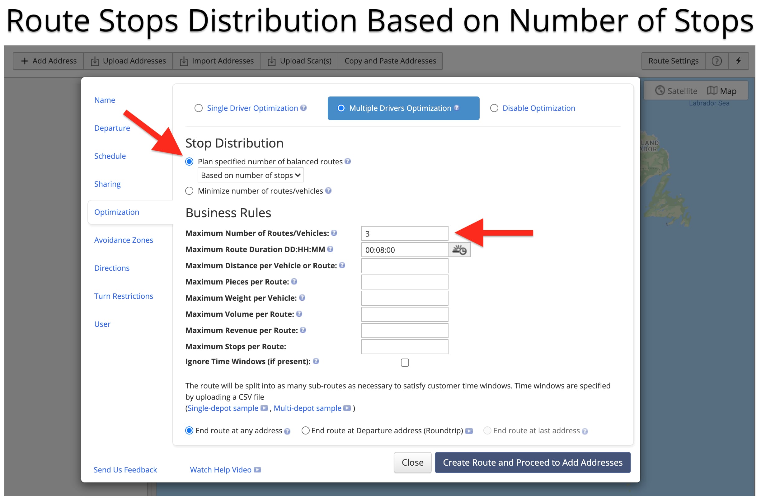 Balanced route optimization for multiple sub routes on Route4Me's route optimization software. 