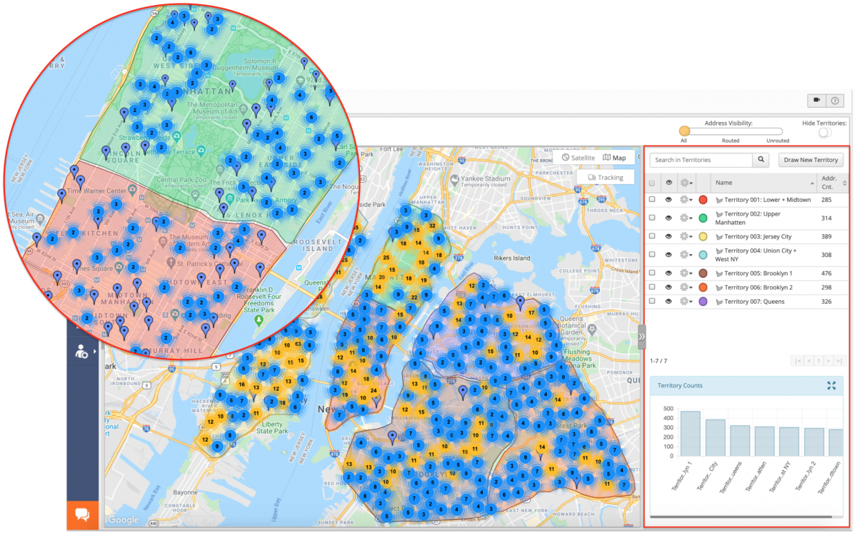 Split addresses into territories or service areas to plan optimal DSD routes for multiple drivers.