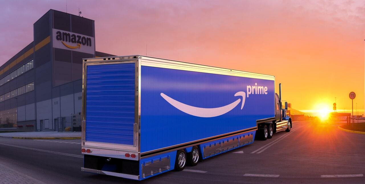 Enterprise delivery business concept with Amazon Prime truck on the road.