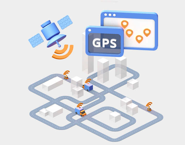 Asset fleet tracking with GPS-equipped delivery vehicles navigating routes and being tracked through the satellite system