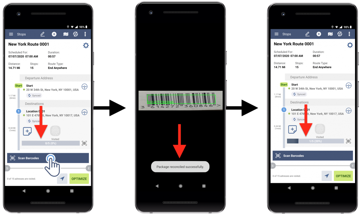 Scan SKU barcodes to reconcile SKU labels on optimized direct store delivery routes.