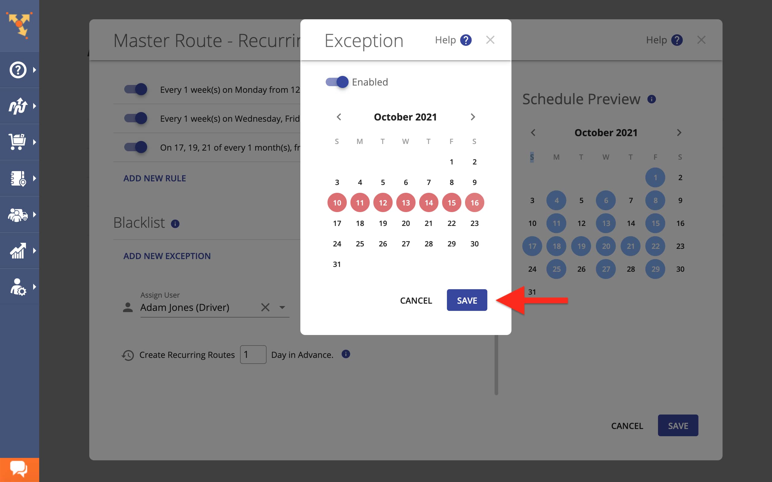 Pick dates on the delivery calendar and add non-routing days to the recurring route blacklist.