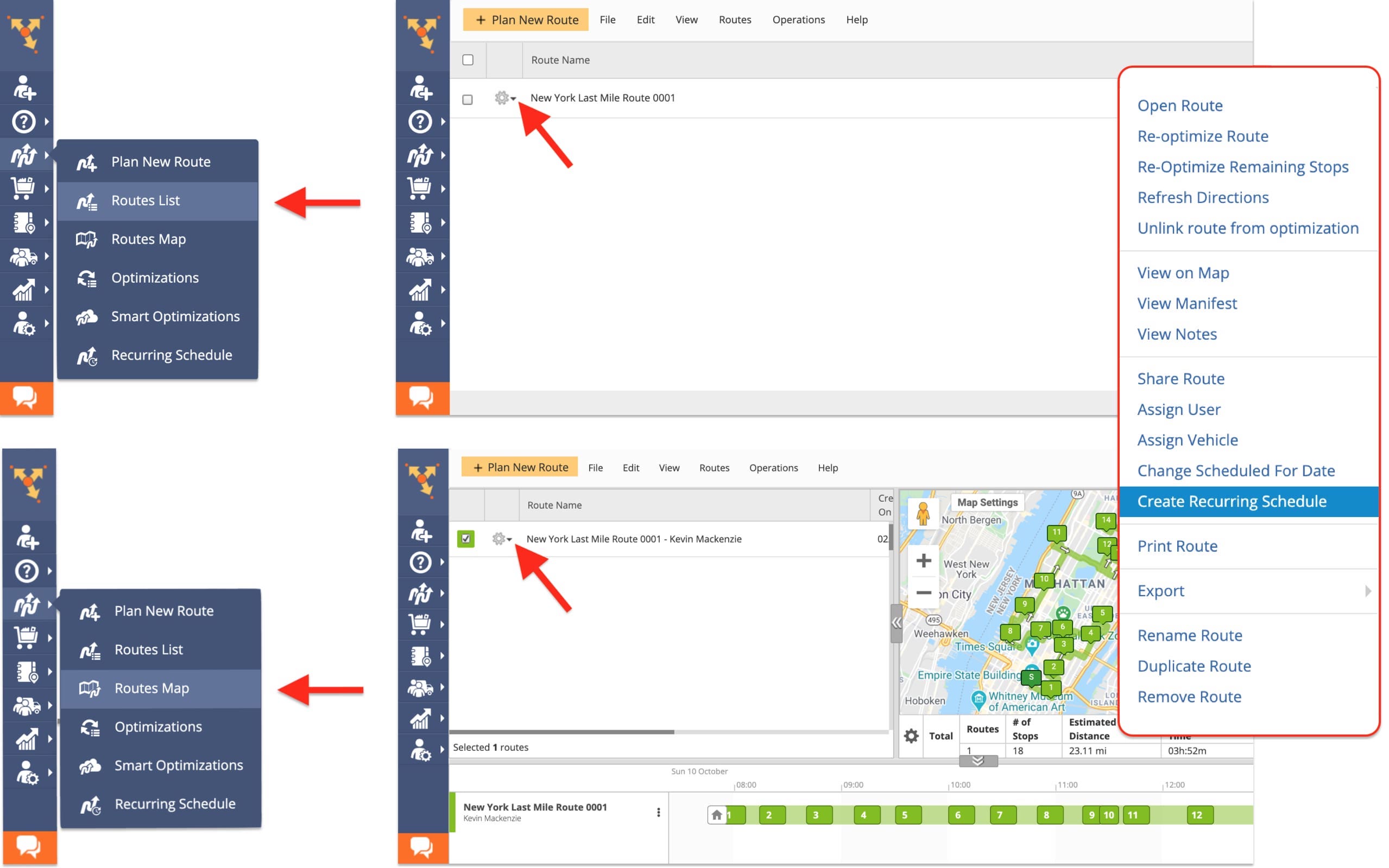 Route planner can plan recurring routes based on route calendar using delivery route template.