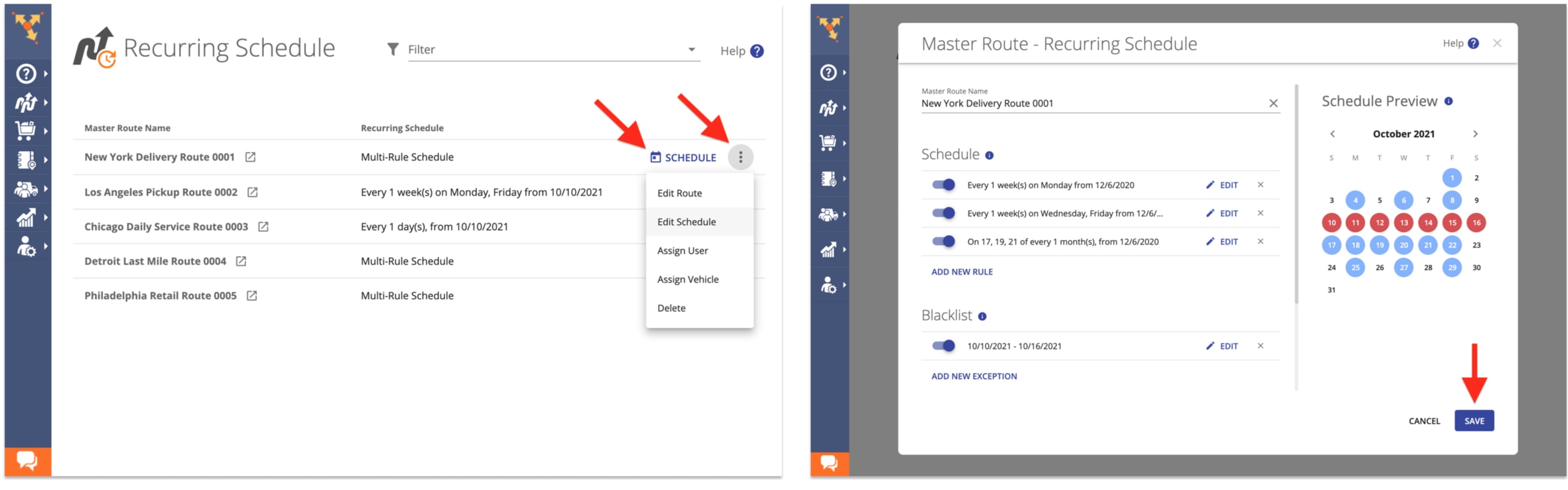 Adjust the route template recurring delivery schedule for automatic shipping and order dispatch.