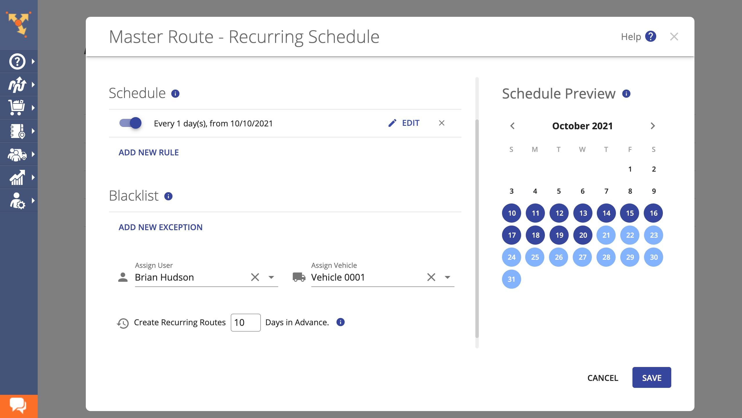 Recurring routes schedule and delivery calendar show already planned and scheduled future routes.