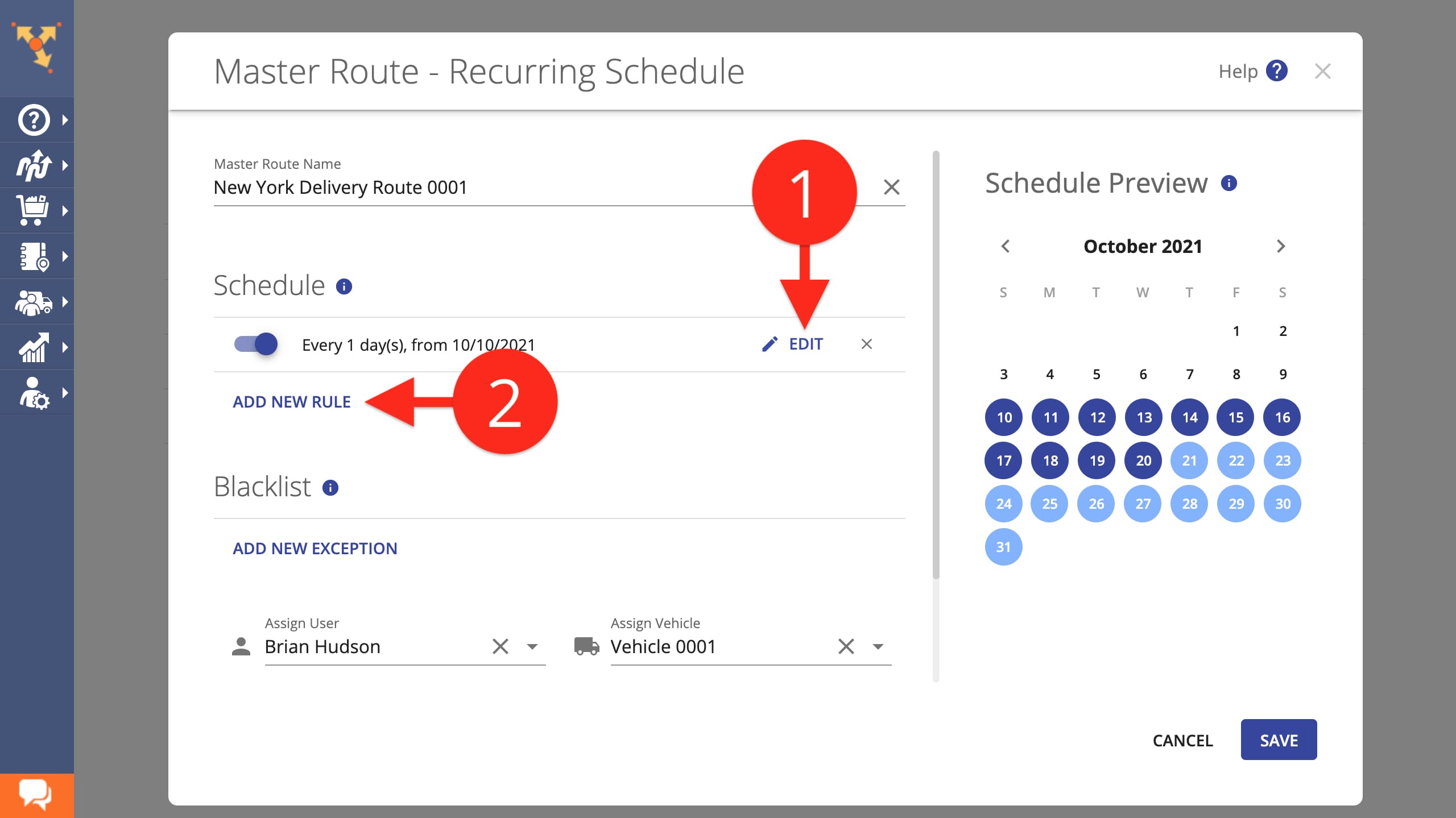 Update recurring schedule to plan daily, weekly, monthly, and annual schedule delivery routes.